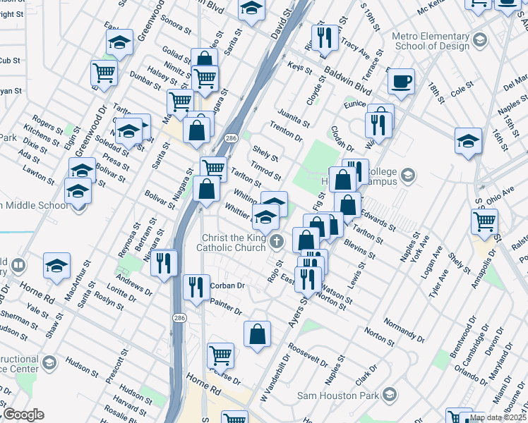 map of restaurants, bars, coffee shops, grocery stores, and more near 1701 Whiting Drive in Corpus Christi