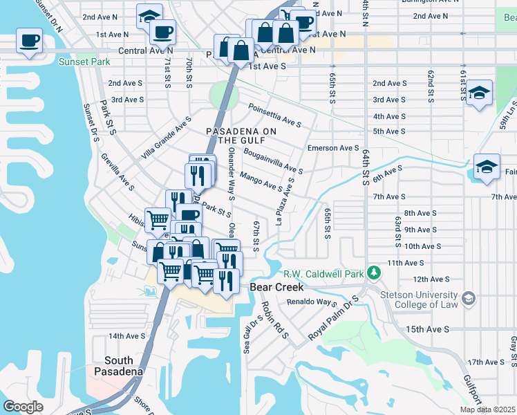 map of restaurants, bars, coffee shops, grocery stores, and more near 6691 Park Street South in South Pasadena