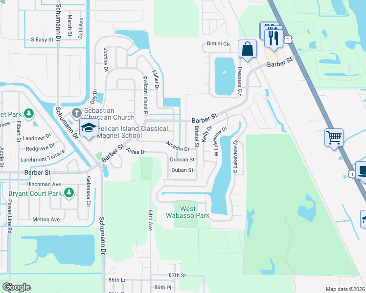 map of restaurants, bars, coffee shops, grocery stores, and more near 111 Arcadia Drive in Sebastian