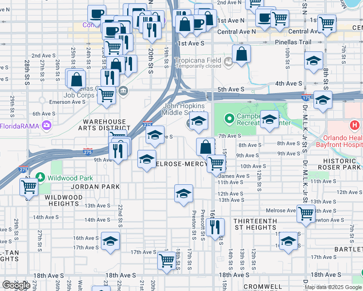 map of restaurants, bars, coffee shops, grocery stores, and more near 731 Queen Street South in Saint Petersburg