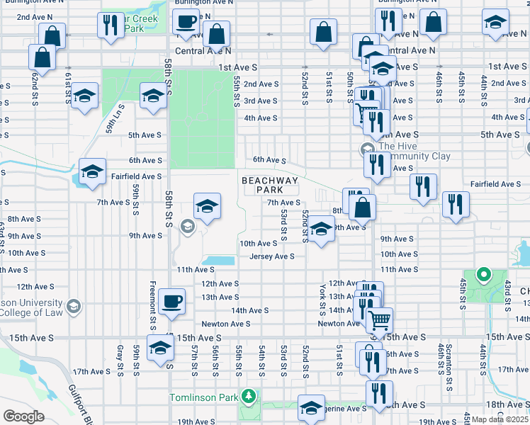 map of restaurants, bars, coffee shops, grocery stores, and more near 5406 8th Avenue South in Gulfport