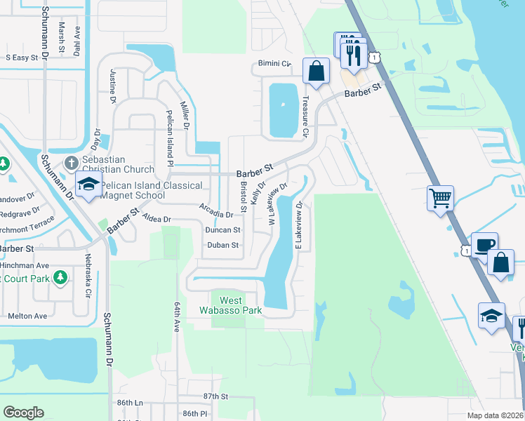 map of restaurants, bars, coffee shops, grocery stores, and more near 2425 Wee Folks Circle in Sebastian