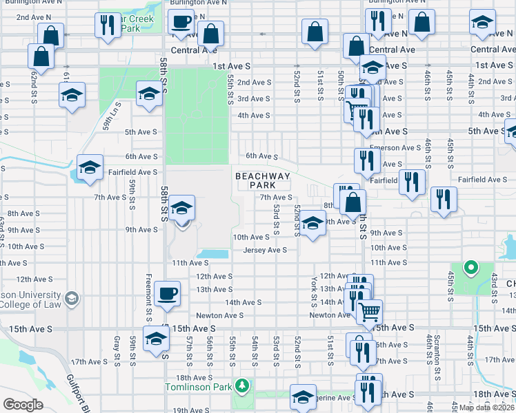 map of restaurants, bars, coffee shops, grocery stores, and more near 5406 8th Avenue South in Gulfport