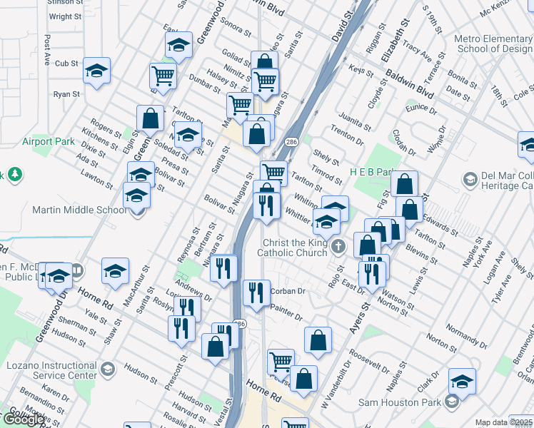 map of restaurants, bars, coffee shops, grocery stores, and more near in Corpus Christi