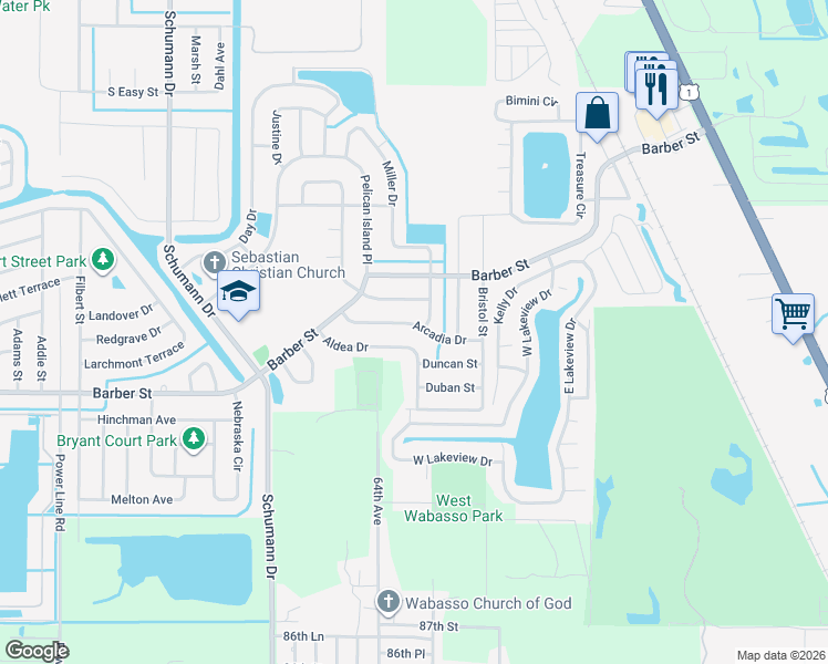 map of restaurants, bars, coffee shops, grocery stores, and more near 117 Arcadia Drive in Sebastian