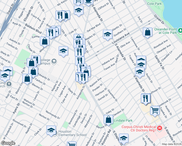 map of restaurants, bars, coffee shops, grocery stores, and more near 746 Texas Avenue in Corpus Christi