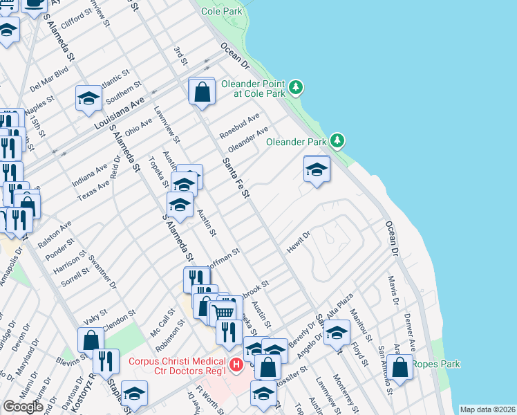 map of restaurants, bars, coffee shops, grocery stores, and more near in Corpus Christi