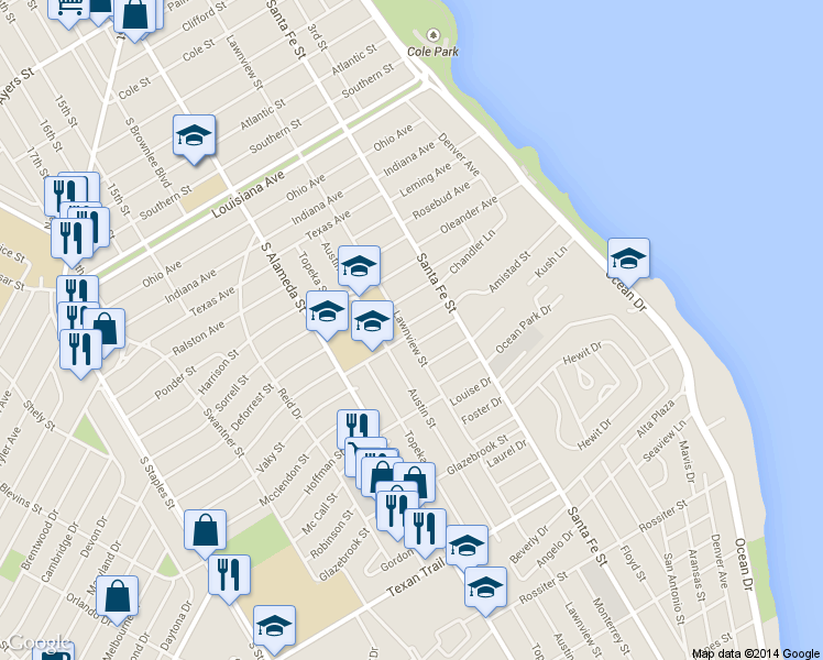map of restaurants, bars, coffee shops, grocery stores, and more near 2953 Lawnview Street in Corpus Christi