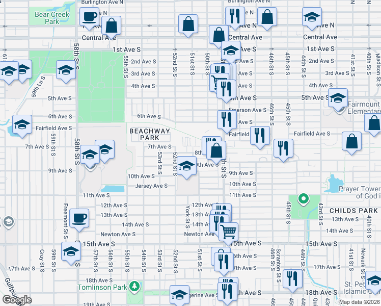 map of restaurants, bars, coffee shops, grocery stores, and more near 5100 8th Avenue South in Gulfport