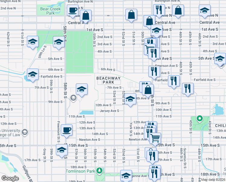 map of restaurants, bars, coffee shops, grocery stores, and more near 715 53rd Street South in Gulfport
