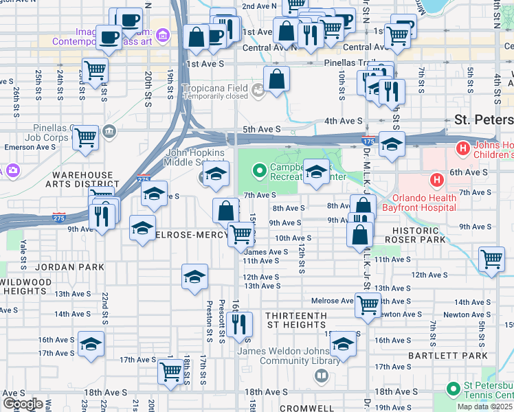 map of restaurants, bars, coffee shops, grocery stores, and more near 718 15th Street South in Saint Petersburg