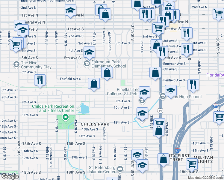 map of restaurants, bars, coffee shops, grocery stores, and more near 3875 8th Avenue South in St. Petersburg