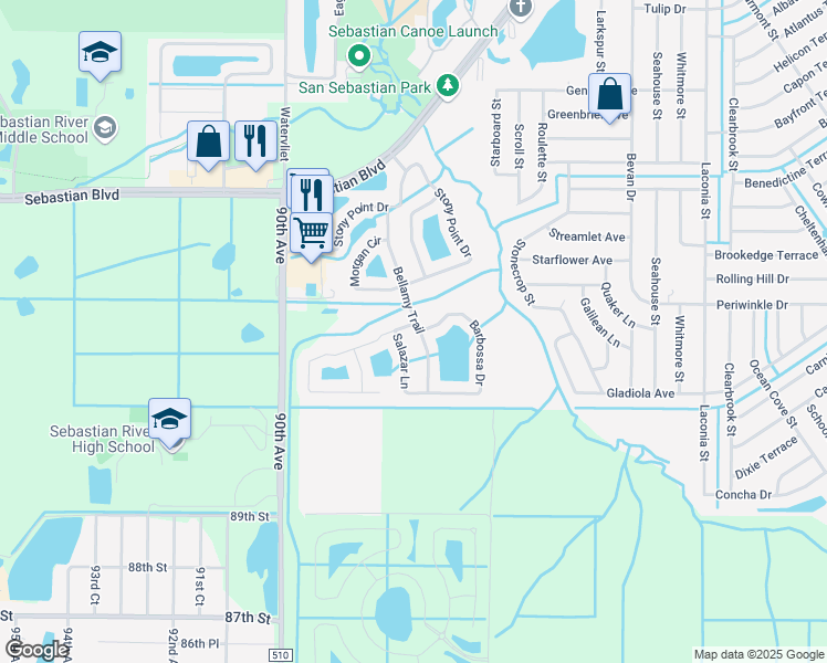 map of restaurants, bars, coffee shops, grocery stores, and more near 200 Bellamy Trail in Sebastian