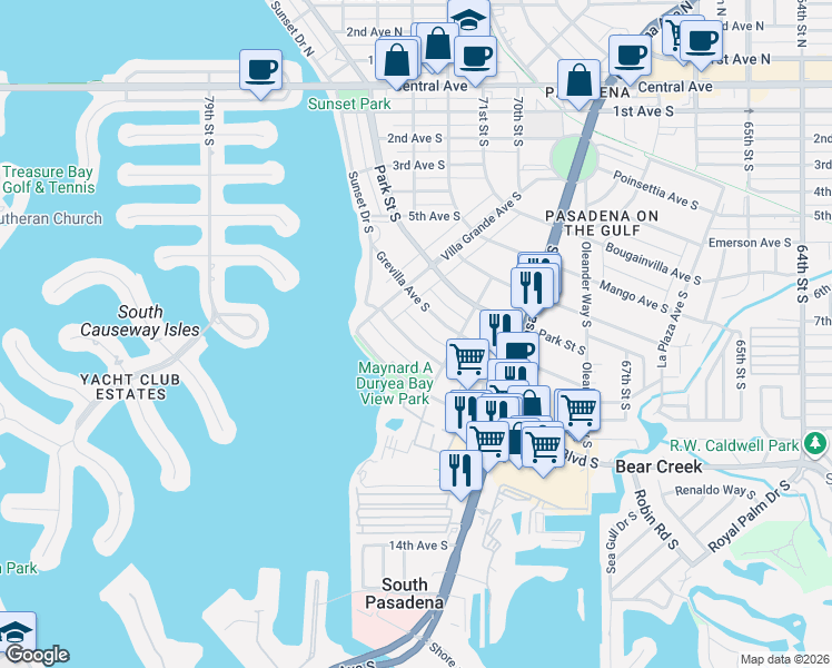 map of restaurants, bars, coffee shops, grocery stores, and more near 7025 Hibiscus Avenue South in South Pasadena