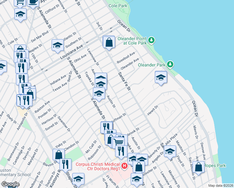 map of restaurants, bars, coffee shops, grocery stores, and more near 2953 Lawnview Street in Corpus Christi