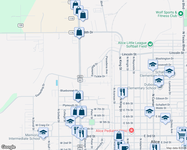 map of restaurants, bars, coffee shops, grocery stores, and more near 308 Tickle Drive in Alice