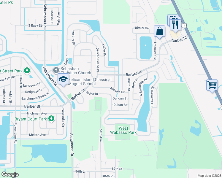 map of restaurants, bars, coffee shops, grocery stores, and more near 117 Arcadia Drive in Sebastian