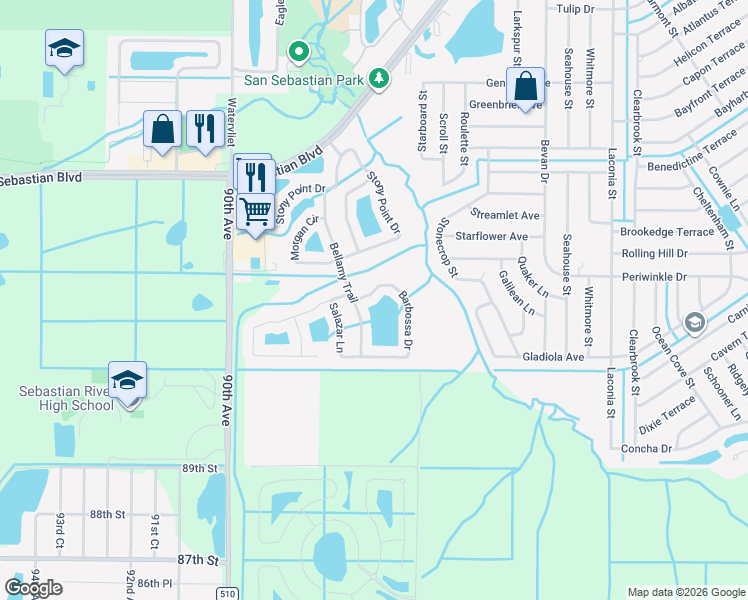 map of restaurants, bars, coffee shops, grocery stores, and more near 205 Barbossa Drive in Sebastian