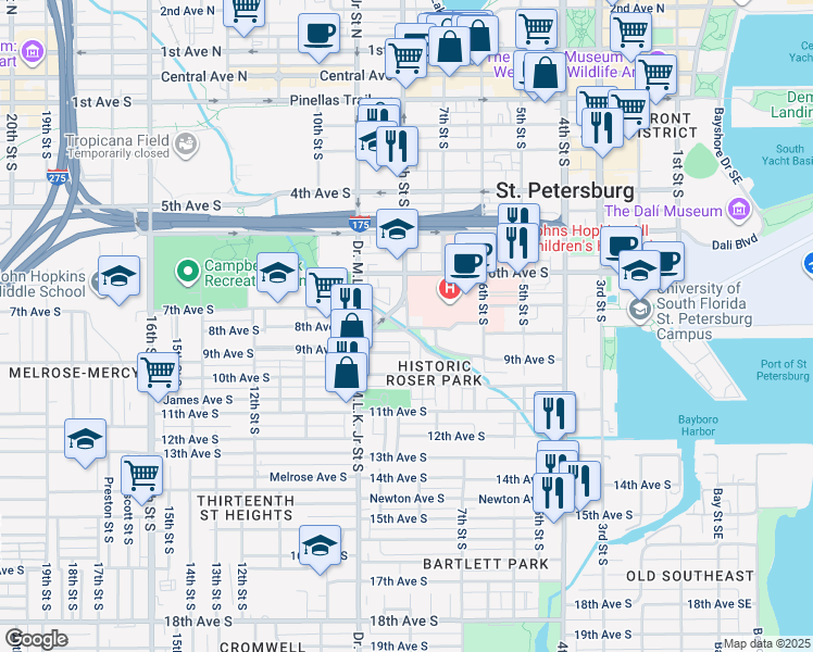 map of restaurants, bars, coffee shops, grocery stores, and more near 702 8th Avenue South in St. Petersburg