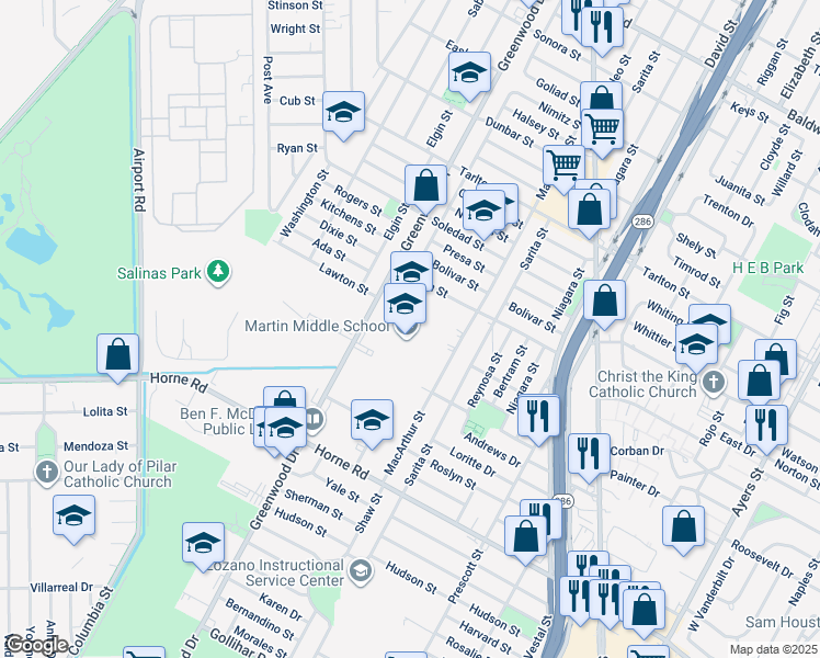 map of restaurants, bars, coffee shops, grocery stores, and more near 3502 Greenwood Drive in Corpus Christi