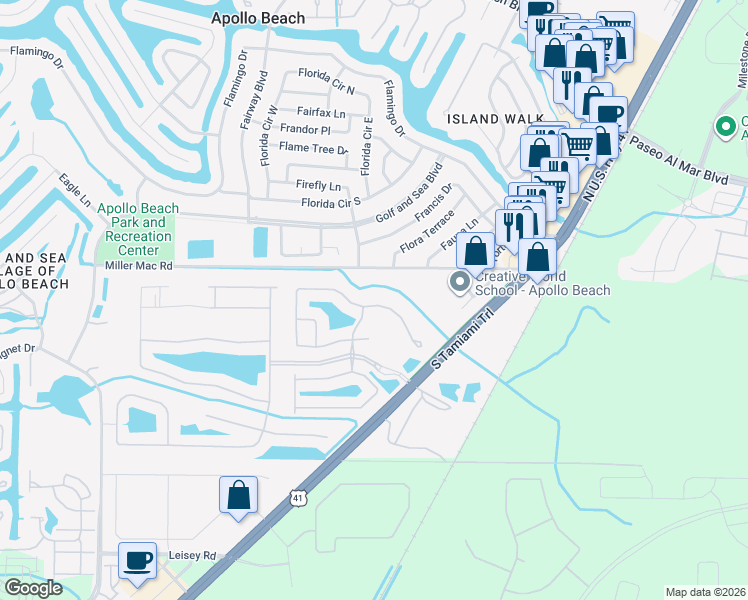 map of restaurants, bars, coffee shops, grocery stores, and more near 144 Silver Falls Drive in Apollo Beach