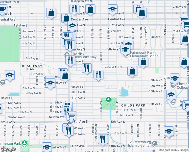 map of restaurants, bars, coffee shops, grocery stores, and more near 4535 8th Ave S in St Petersburg