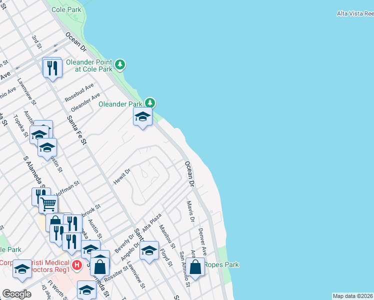 map of restaurants, bars, coffee shops, grocery stores, and more near 3232 Ocean Drive in Corpus Christi