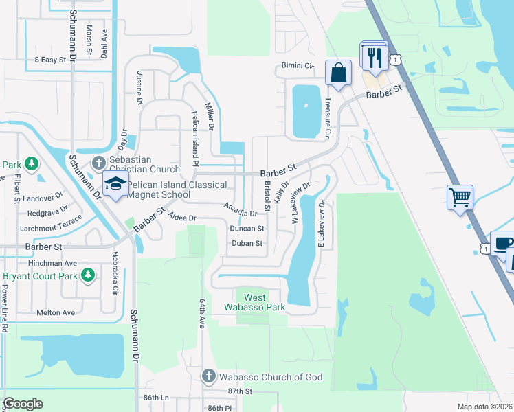 map of restaurants, bars, coffee shops, grocery stores, and more near 101 Arcadia Drive in Sebastian