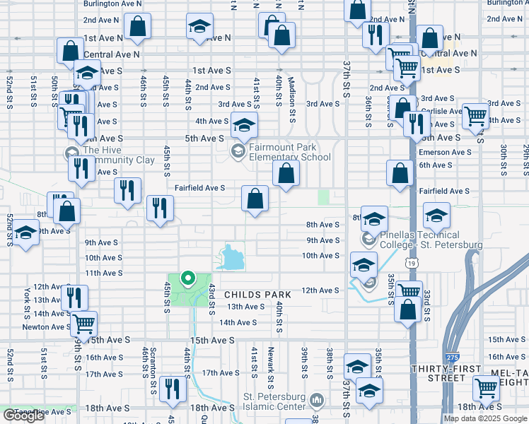 map of restaurants, bars, coffee shops, grocery stores, and more near 4105 8th Avenue South in St. Petersburg