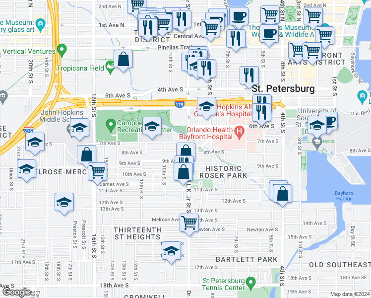 map of restaurants, bars, coffee shops, grocery stores, and more near 811 Doctor Martin Luther King Junior Street South in St. Petersburg