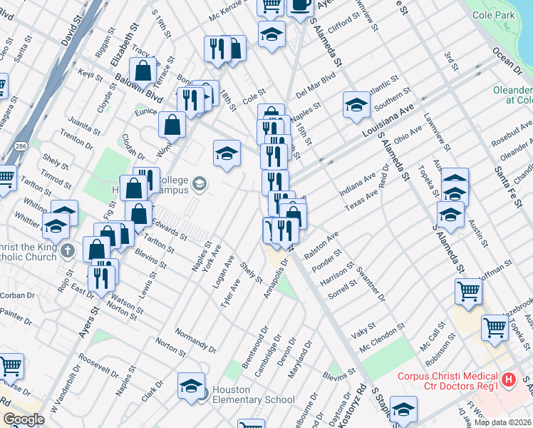map of restaurants, bars, coffee shops, grocery stores, and more near 1121 Florida Avenue in Corpus Christi