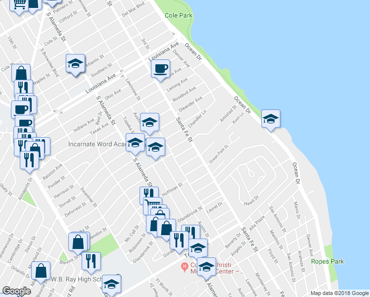 map of restaurants, bars, coffee shops, grocery stores, and more near 316 North Morningside Drive in Corpus Christi