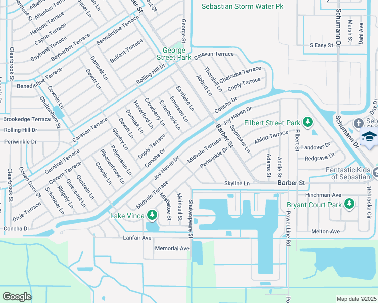 map of restaurants, bars, coffee shops, grocery stores, and more near 274 Joy Haven Drive in Sebastian