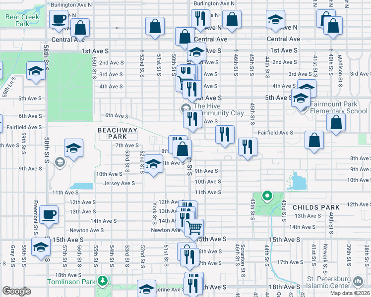 map of restaurants, bars, coffee shops, grocery stores, and more near 746 49th Street South in Gulfport