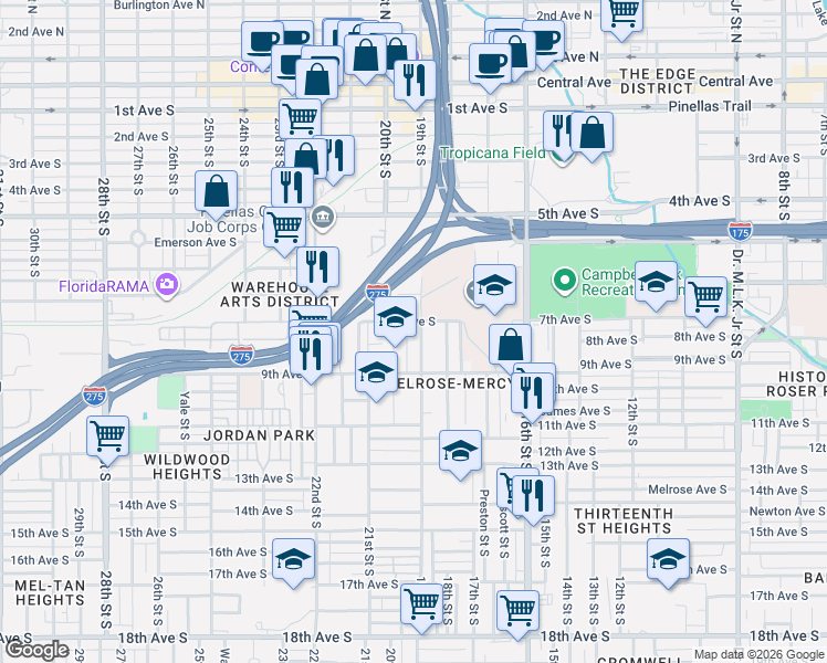 map of restaurants, bars, coffee shops, grocery stores, and more near 803 19th Street South in St. Petersburg