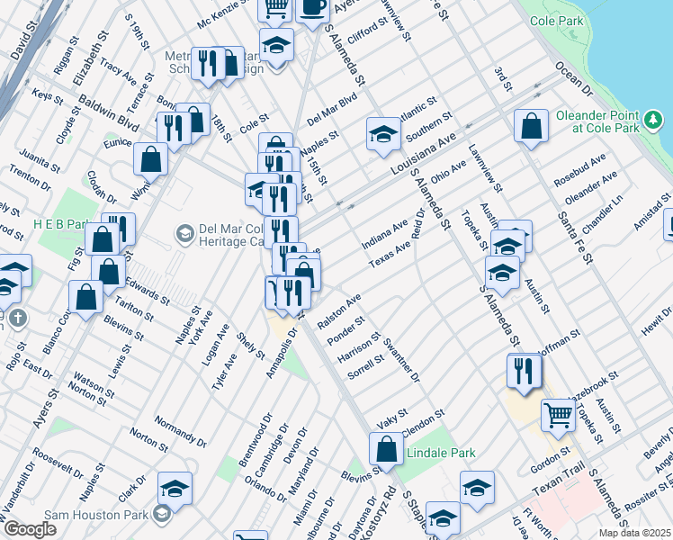 map of restaurants, bars, coffee shops, grocery stores, and more near 746 Texas Avenue in Corpus Christi