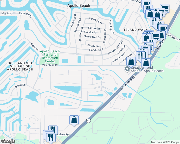 map of restaurants, bars, coffee shops, grocery stores, and more near 238 Silver Falls Drive in Apollo Beach