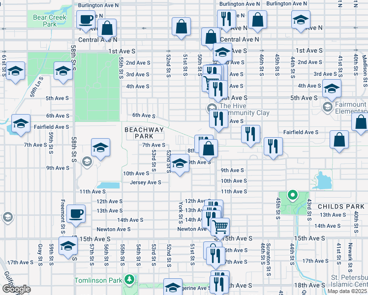 map of restaurants, bars, coffee shops, grocery stores, and more near 5100 8th Avenue South in Gulfport
