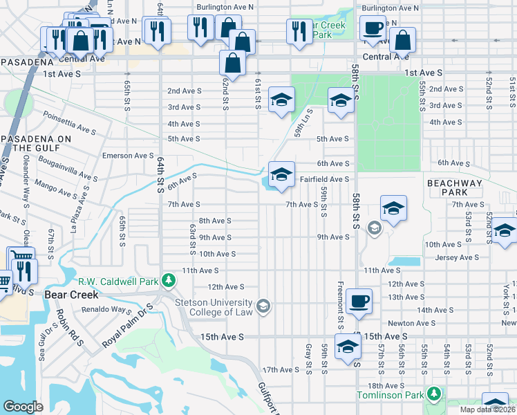 map of restaurants, bars, coffee shops, grocery stores, and more near 725 Hull Street South in Gulfport