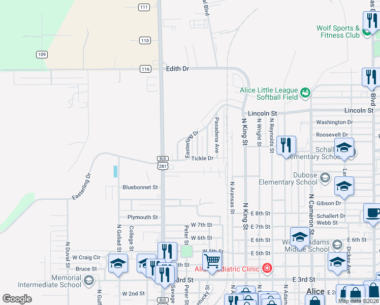 map of restaurants, bars, coffee shops, grocery stores, and more near 308 Tickle Drive in Alice