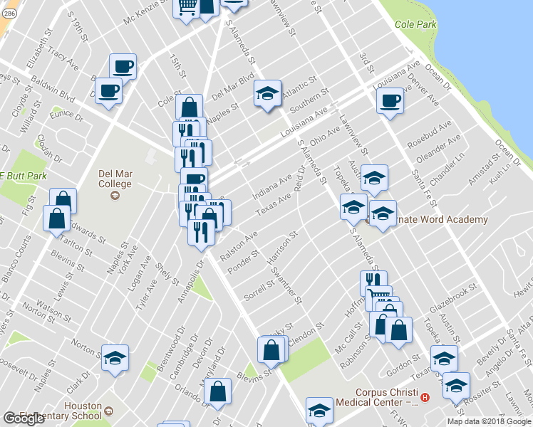 map of restaurants, bars, coffee shops, grocery stores, and more near 649 Texas Avenue in Corpus Christi