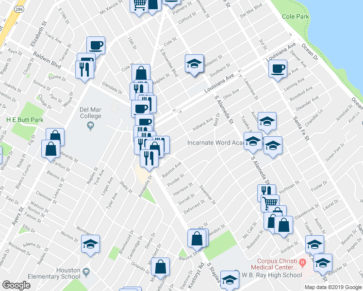 map of restaurants, bars, coffee shops, grocery stores, and more near 718 Texas Avenue in Corpus Christi