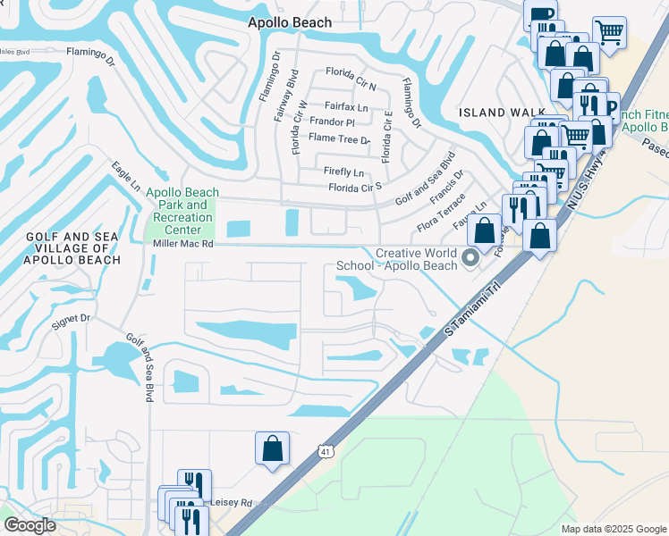 map of restaurants, bars, coffee shops, grocery stores, and more near 236 Silver Falls Drive in Apollo Beach