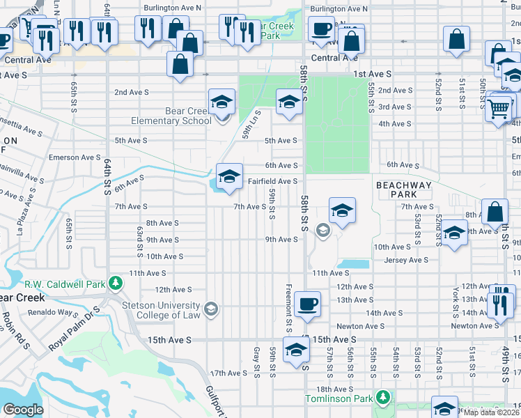 map of restaurants, bars, coffee shops, grocery stores, and more near 725 59th Street South in Gulfport