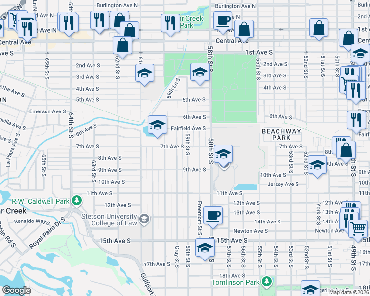 map of restaurants, bars, coffee shops, grocery stores, and more near 725 59th Street South in Gulfport