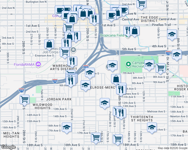 map of restaurants, bars, coffee shops, grocery stores, and more near 803 19th Street South in St. Petersburg