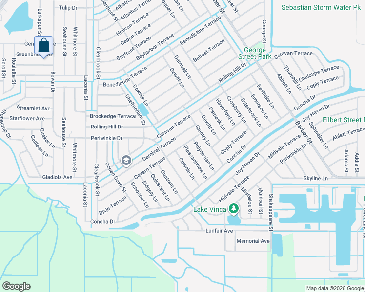 map of restaurants, bars, coffee shops, grocery stores, and more near 1526 Pleasantview Lane in Sebastian