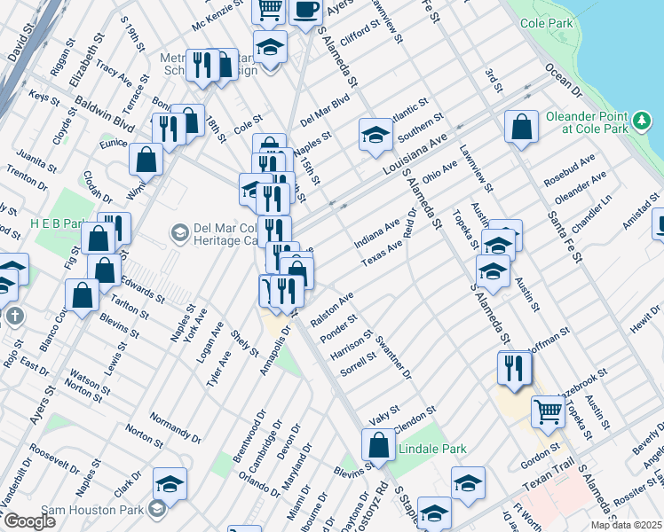 map of restaurants, bars, coffee shops, grocery stores, and more near 746 Texas Avenue in Corpus Christi