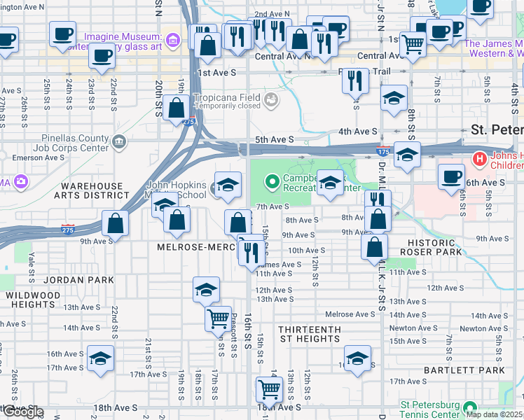 map of restaurants, bars, coffee shops, grocery stores, and more near 731 15th Street South in St. Petersburg