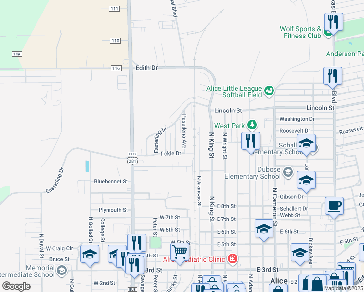 map of restaurants, bars, coffee shops, grocery stores, and more near 1010 Pasadena Avenue in Alice
